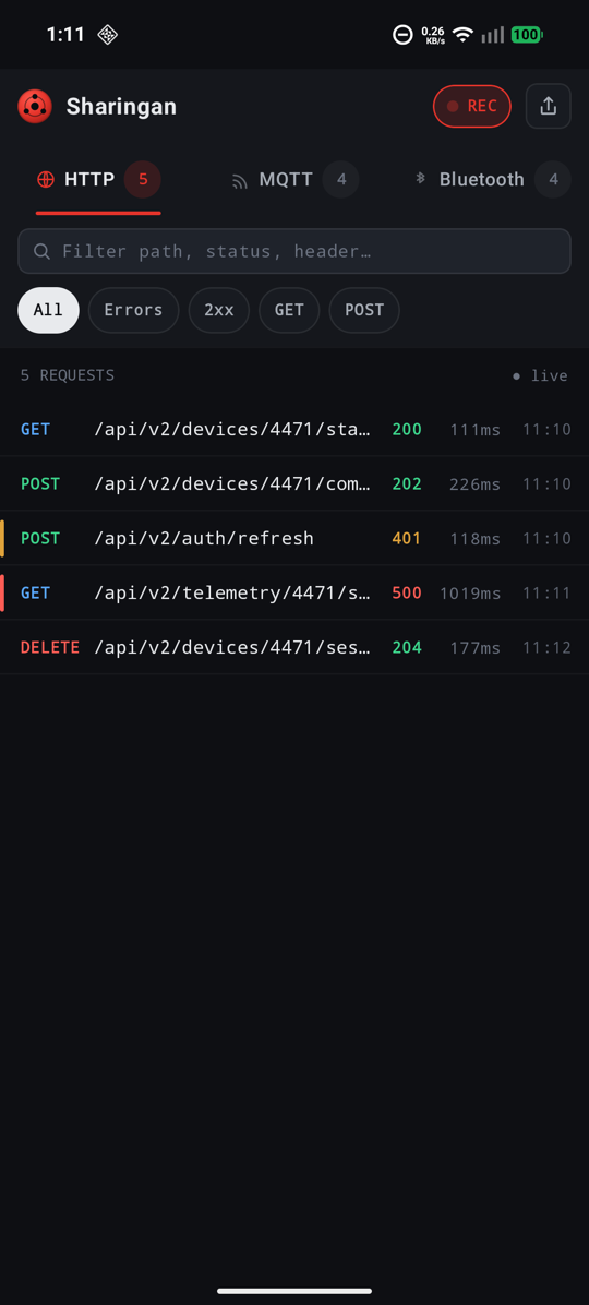 HTTP tab — live list with failure rails