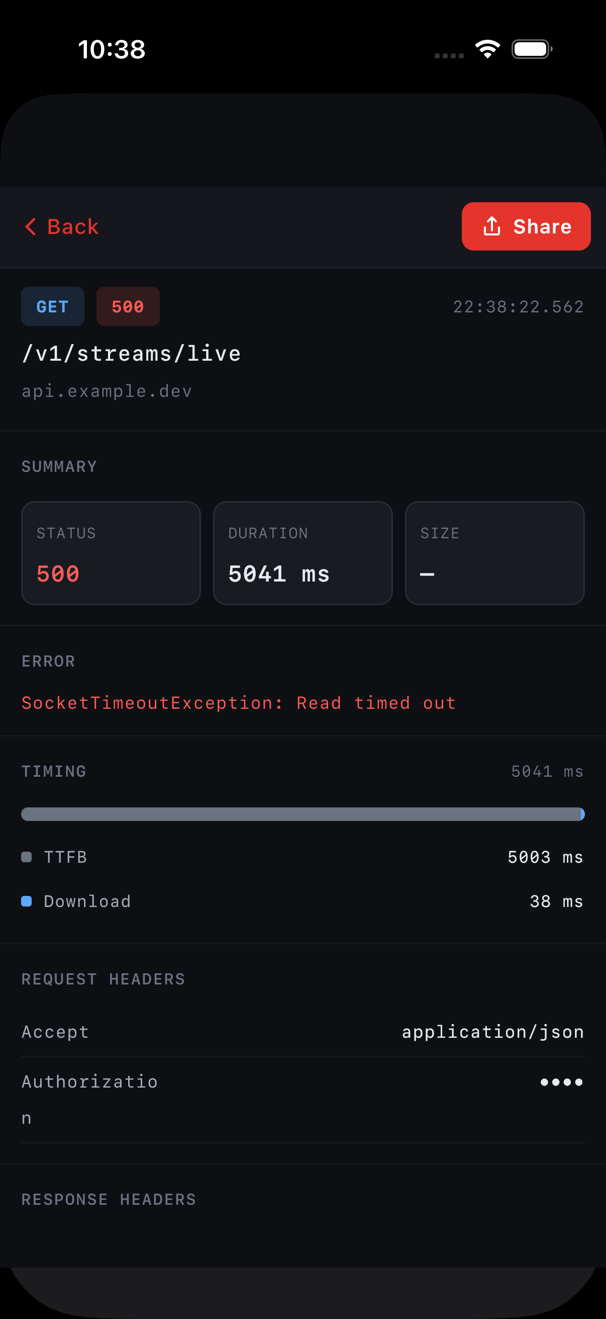 iOS 500 error detail with timing waterfall and JSON body