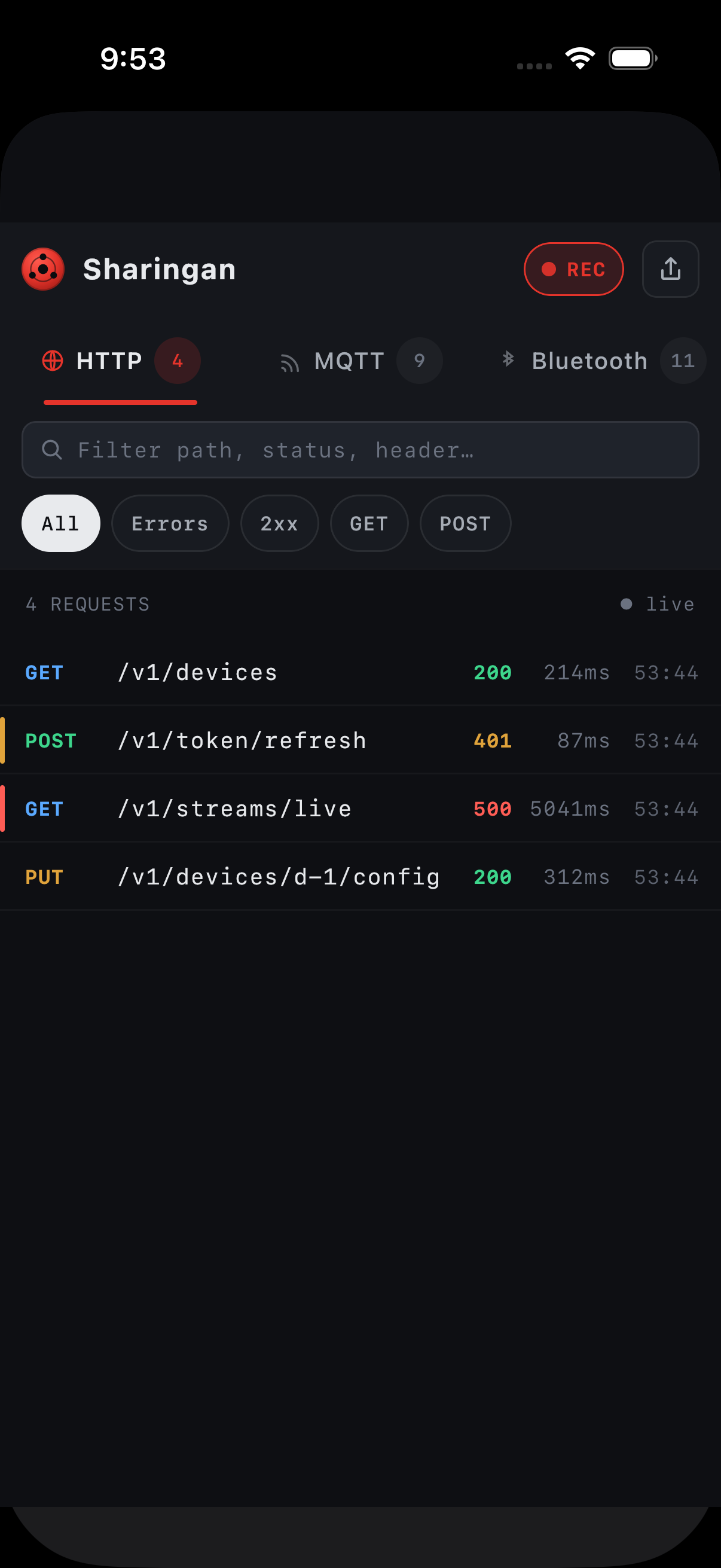 Sharingan on iOS — HTTP tab with failure rails