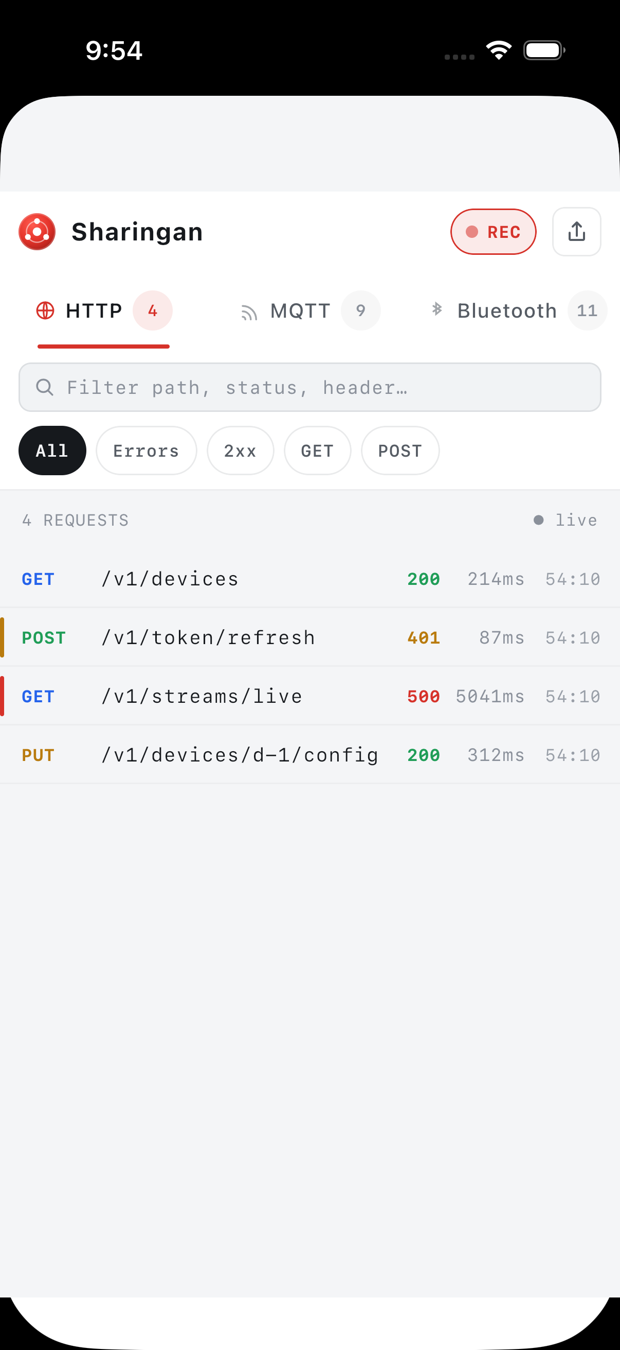 Sharingan on iOS — HTTP tab in light mode