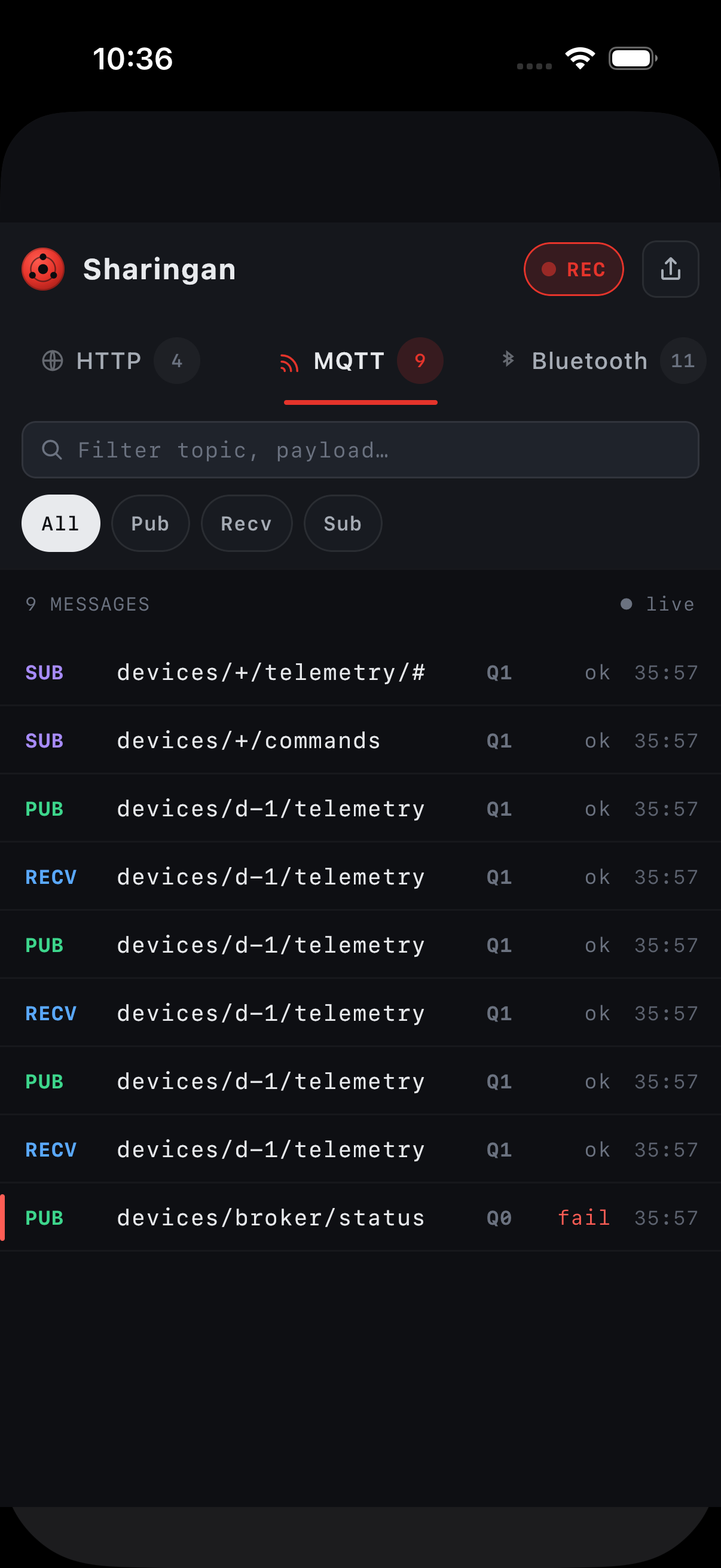iOS MQTT tab with QoS badges