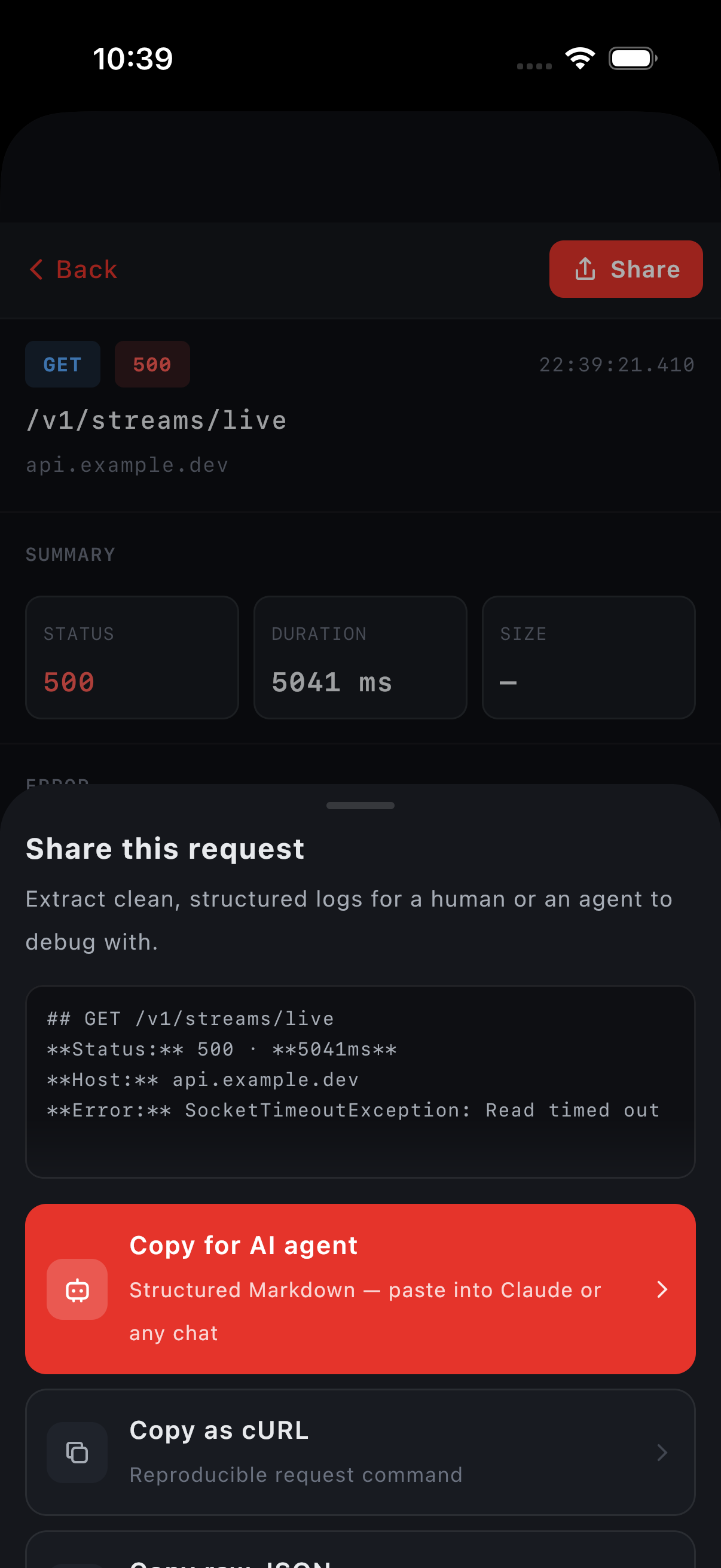 iOS share sheet with Copy for AI agent first