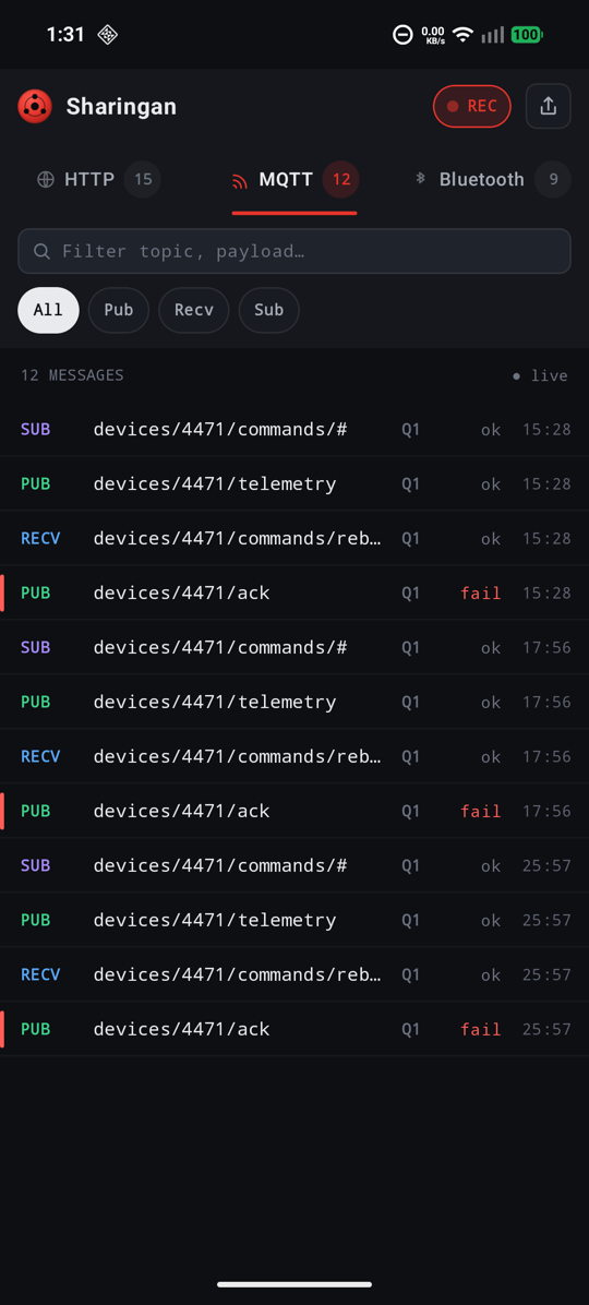 MQTT tab with QoS badges